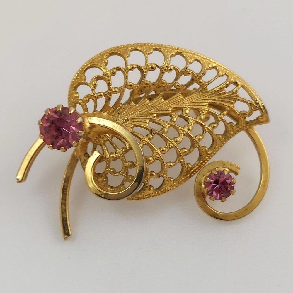 Vintage Filigree Swirl Leaf Brooch w/ Pink Rhinestones Gold Tone 1.5" Pin Estate